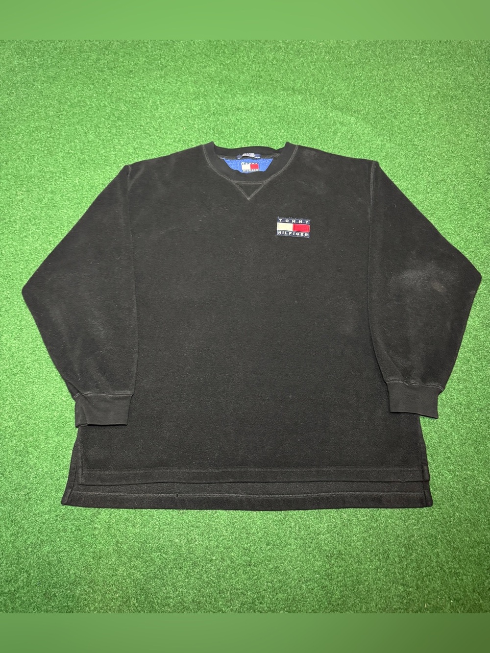Tommy Hilfiger Vintage Sweatshirt Fleece Black Large Oversized 90s Flag Logo